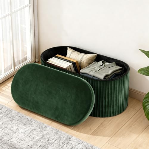 GLAXYFUR Folding Ottoman with Storage, Oval Velvet Storage Bench, Green