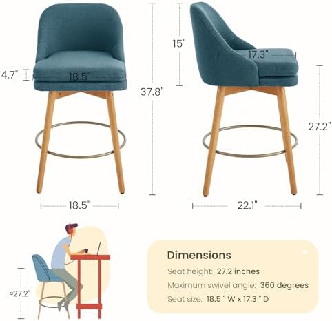 kinmars Swivel Counter Height Bar Stools Set of 2, Blue, 27"
