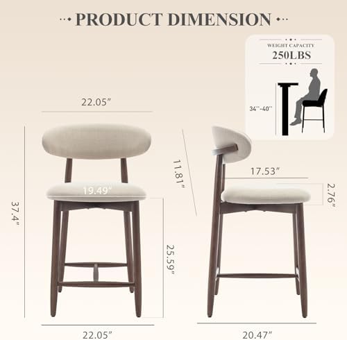 COLAMY Counter Height Bar Stools Set of 2, Kitchen Bar Stools with Back, Mid Century Modern Upholstered, with Wood Legs for Kitchen Island Dining Room, Beige