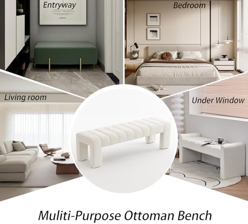59" Velvet Bench for Bedroom King Size Bed Window End of Bed, Ivory White