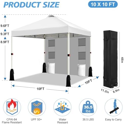 WEIZE 10x10 Pop Up Canopy Tent, 1-Button Push Setup Canopy Tent with 1 Sidewall, Adjustable Height Instant Portable Shelter, Portable Roller Bag,Easy Outdoor Sun Shade for Events,4 Weight Bags,White