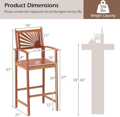 COSTWAY 29'' Outdoor Acacia Wood Bar Chairs Set of 2 with Back and Armrest