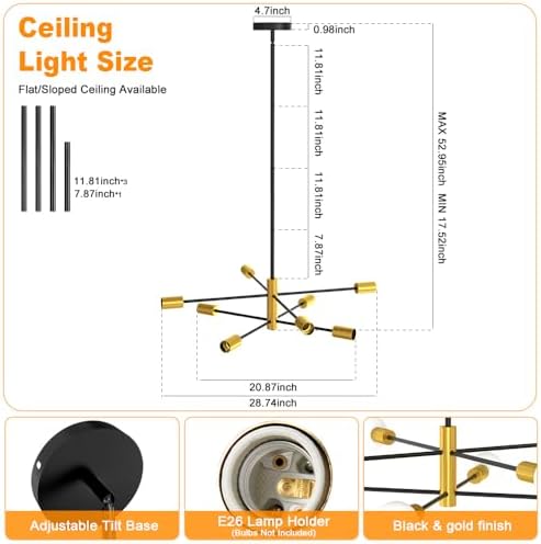 8 light sputnik chandelier, mid century modern adjustable, side view