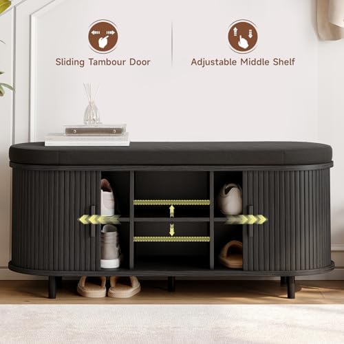 ONBRILL 43" Shoe Bench with Storage, Fluted Shoe Storage Bench, Black