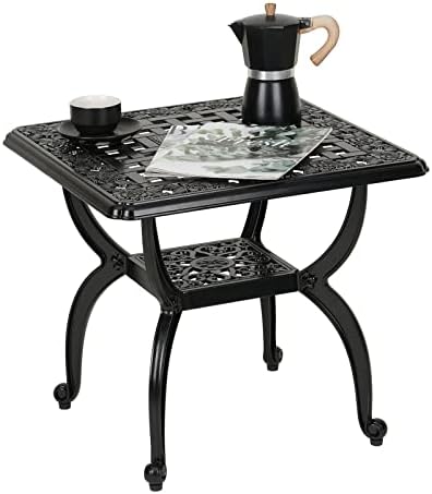YKSY&YKSY Jardin DE Centennial Cast Aluminum Outdoor Side Table,Anti-Rust Outdoor End Table,Patio Coffee Bistro Table for Indoor,Garden,Porch,Balcony(Square Black)