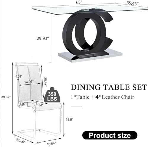 63'' Dining Table Set for 4,Modern Glass Dining Room Table Set for 4,Tempered Glass Table with 4 PU Leather Ergonomic Dining Chairs for Home, Kitchen, Living Room