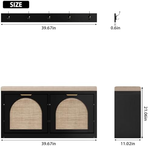 Rattan Narrow Entryway Bench with Shoe Storage, 2 Flip Drawers & Coat Rack, Mid-Century Modern Wood Shoe Cabinet with Seat Cushion for Foyer/Hallway (Black)