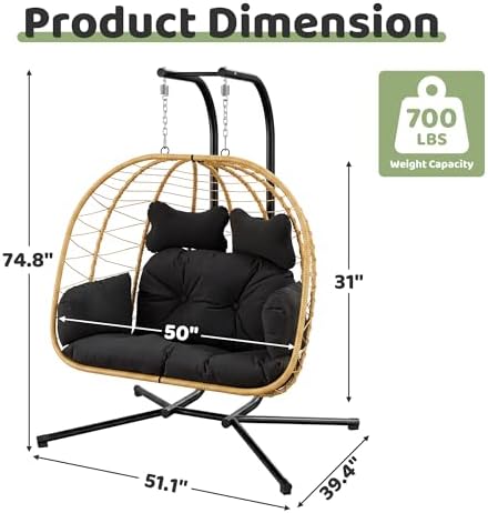 Bifanuo Double Hanging Egg Chair with Stand, Outdoor Indoor Swing Chair with Removable Cushion for 2 Person, Heavy Duty 700LBS Capacity for Patio, Bedroom, Garden (Yellow-Black)