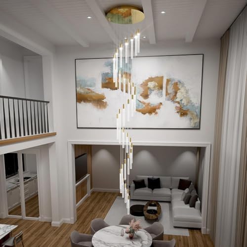 36-Light 200" High Ceiling Chandelier Long Spiral LED Dimmable Chandelier Modern Crystal Chandeliers for Staircase Foyer Entryway Living Room Gold