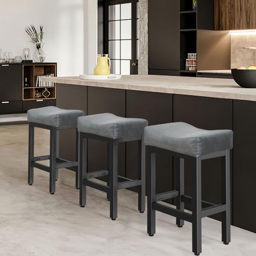 Raynesys 24 Inche Bonded Leather Counter Height Bar Stools Set of 3 Square