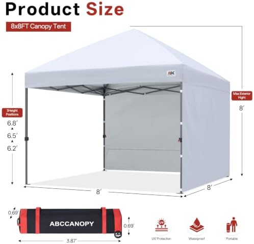 ABCCANOPY 8x8 Pop Up Canopy Tent, 2 Sidewalls, All-Weather Shade, White