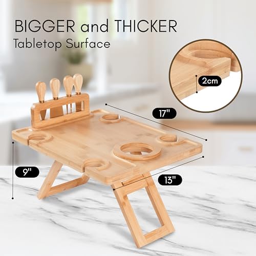 Charcuterie Picnic Table with Wine Glass Holder, Portable Wine & Cheese Board, 4-Piece Cheese Knife Set (Gold) w/Detachable Knife Stand, Bamboo Charcuterie Table, Hosting & Wine Gift