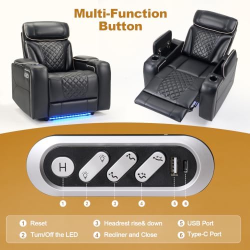 ANJ Dual Motor Power Recliner Set of 7 with Adjustable Headrest & LED Light, Faux Leather Home Theater Seating with Cup Holders & Arm Storage, Electric Reclining Chairs, Black(White Stitching)