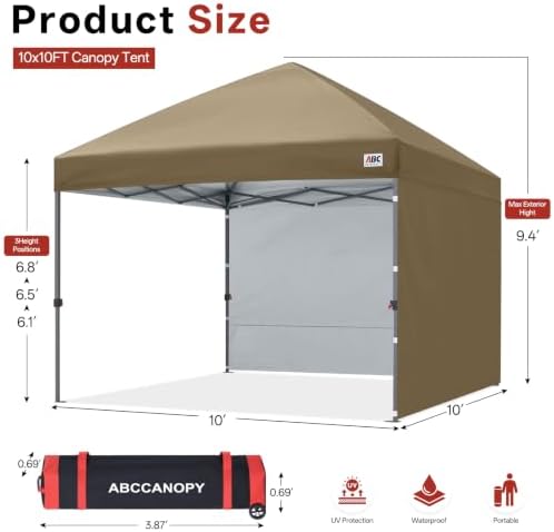 ABCCANOPY 10x10 Pop Up Canopy Tent, 2 Sidewalls, All-Weather Shade, Khaki