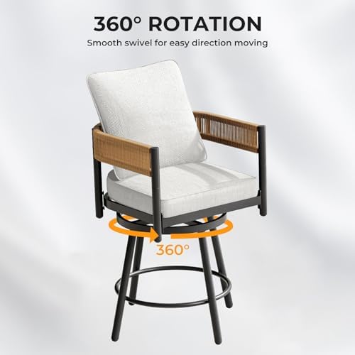 Grand patio Outdoor Swivel Bar Stools Set of 6, 26" Counter Height Swivel Chairs with Metal Frame, Curved Woven Wicker Backrest, Thickened Cushions for Patio, Deck, Balcony (Natural)