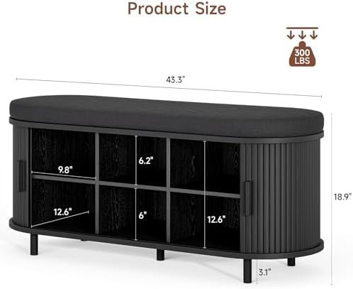 ONBRILL 43" Shoe Bench with Storage, Fluted Shoe Storage Bench, Black