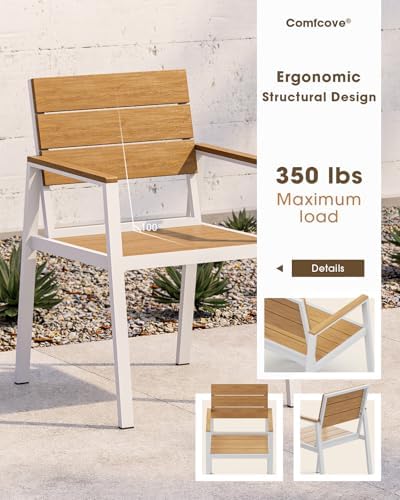 Outdoor Dining Set for 6, Aluminum Patio HDPS Outdooor Table and Chairs Set with Umbrella Hole, All Weather Patio Furniture Set, 7 Peice Patio Dining Table Set (White & Teak)