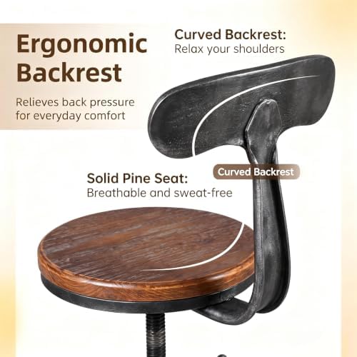 LOKKHAN Set of 2 Rustic Industrial Bar Stool-24-30 Adjustable Metal Swivel Wooden Top Barstools-Counter Height Extra Tall Bar Height-Vintage Farmhouse Kitchen Breakfast Cafe Stool-with Backrest