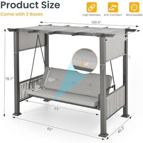 Pamapic 3-Seat Porch Swing with Stand, 990 LBS 2 in 1 Convertible Bed Patio Swings with Canopy Adjustable, Wicker Side Panel Swing Chair Outdoor with Cushion for Backyard, Porch, Garden (Gray)