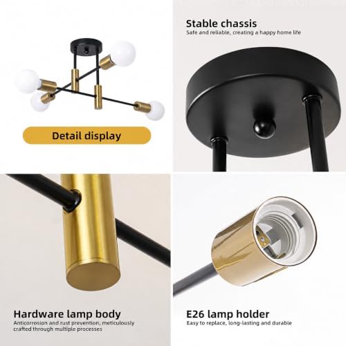 Garwarm Black and Gold Sputnik Chandelier, 4-Light Semi Flush Ceiling Light