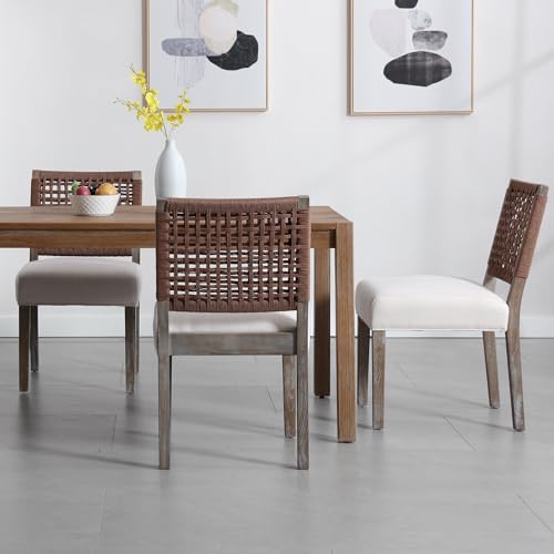 chairus upholstered Dining Chairs Set of 4, Boho Coastal Dining Room Chairs with Brown Walnut Woven Rope Back Gray-Brown Washed Wood Leg Modern Farmhouse Wooden Kitchen Side Chairs, Beige Linen Seat