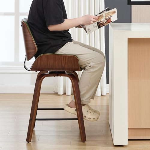Swivel Bar Stools Set of 2,24" Upholstered Faux Leather Barstools,Mid Century Modern Counter Height Barstools with Walnut Bentwood Back & Legs,Bar Chairs for Kitchen Island Counter Bar Green