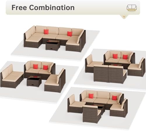 LHBcraft 7 Piece Outside Sectional Furniture Set, All Weather Wicker Patio Sofa, Outdoor Sectional Balcony Furniture with Beige Cushion & Glass Coffee Table