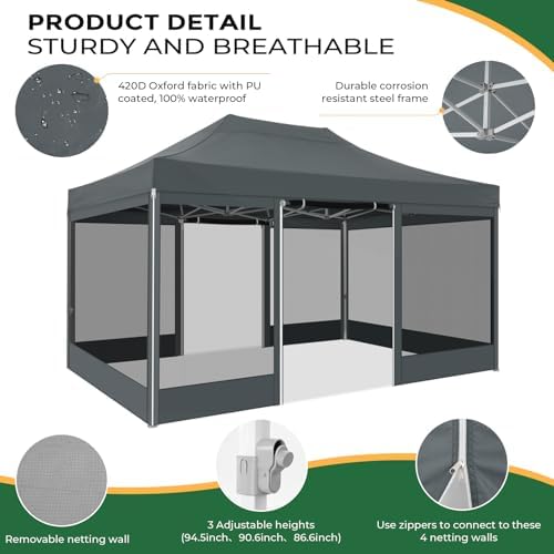 COBIZI 10x15 Heavy Duty Pop Up Canopy with 4 Mosquito Net Sidewalls, Gray