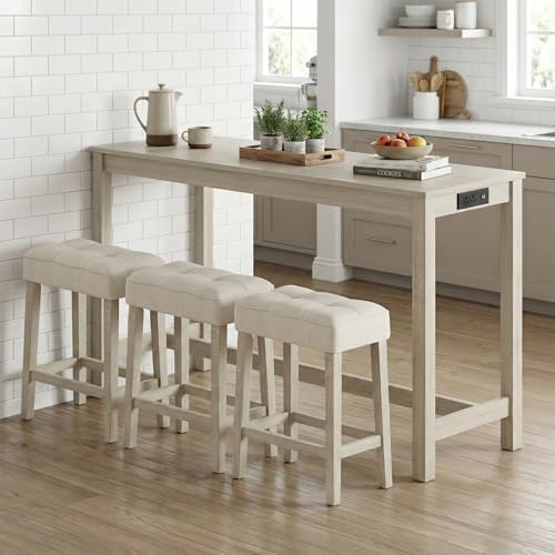 COSTWAY 4-Piece Breakfast Nook Bar Set with Built-in Charging Station