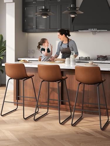 26in Bar Stools Counter Height Chairs Set of 3 Metal Legs (Dark Brown)
