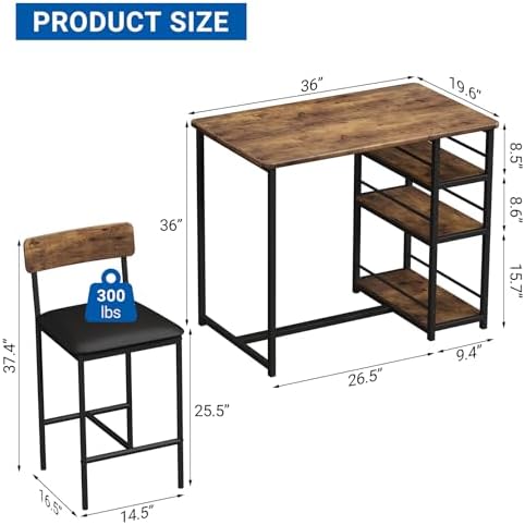 GarveeHome Dining Table Set for 2, Counter Height Kitchen Table with 2 Upholstered Bar Stools, Dining Table and Chairs Set with Storage Shelves, for Small Space, Apartment, Studio, Retro Brown