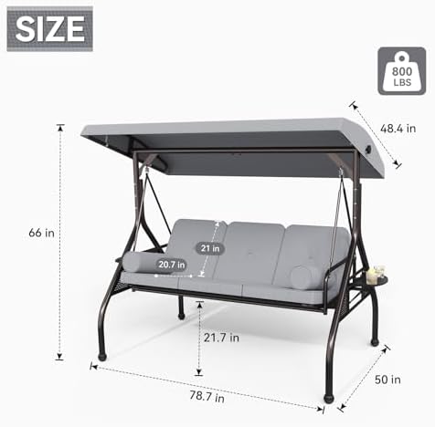 SUNCROWN Outdoor 3 in 1 Porch Swing Chair, 3 Seat Patio Swing Glider with Adjustable Canopy, Heavy Duty Swings with Thickened Cushions, Pillows & Cup Holders for Backyard, Porch, Garden,Grey