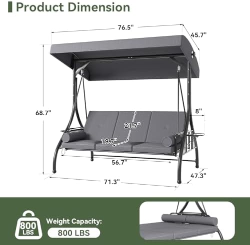 Aoxun Outdoor Porch Swing with Stand and Canopy, 3 Seats Outdoor Swings for Adults, Convertible 2 in 1 Swing Bed with Cup Holder, Patio Swings with Thicken Cushions for Garden, Yard & Balcony, Grey