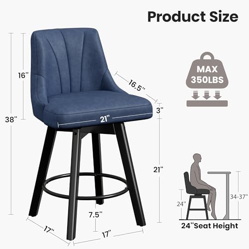 REONEY Counter Height Swivel Bar Stools, 24" Upholstered Barstools Set of 2