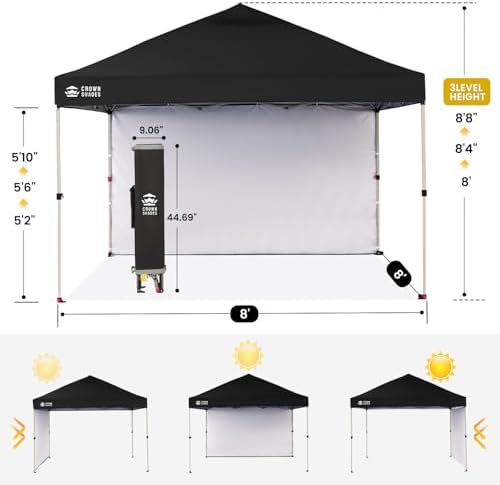 CROWN SHADES 8x8 Pop Up Canopy with 1 Side Wall, Beach Canopy Tent, Black
