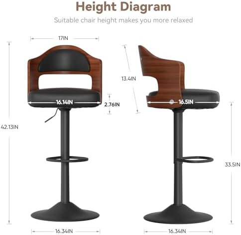 Nalupatio Modern Bar Stools Set of 3, Faux Leather Upholstered Swivel Bar Stools, Adjustable Counter Height Bar Chairs with Back for Kitchen Dining Room, Black