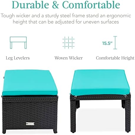 Best Choice Products Set of 2 Wicker Ottomans, Multipurpose Outdoor Furniture for Patio, Backyard, Additional Seating, Footrest, Side Table w/Removable Cushions, Steel Frame - Black/Teal