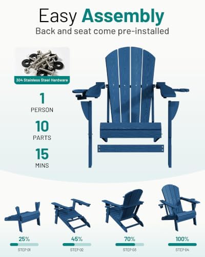 PLUUV Folding Adirondack Fire Pit Chairs Set of 2 with Cup Holders,Navy