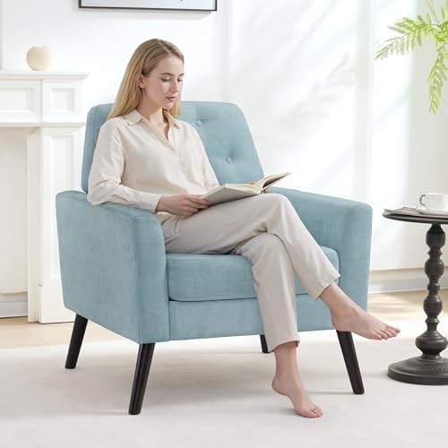 Accent Chair for Living Room, Mid Century Modern Reading Chair, Upholstered Armchair with Tufted Back & Wood Legs, Single Sofa Side Chair for Bedroom Small Room Office Apartment, Teal Green