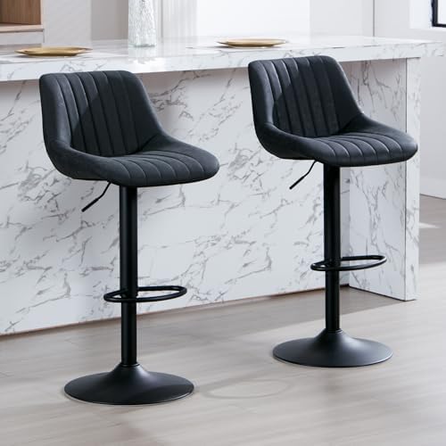 Barstools Set of 2, Faux Leather Swivel Bar Height Stools with Back, Armless Upholstered Counter Height Stools, Modern Adjustable Bar Chairs for Kitchen Island/Cafe/Dining/Restaurant, Black