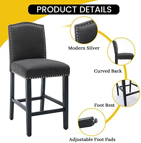 KCC Counter Height Bar Stool 26 Inches,Fabric Barstool Set of 4,Gray