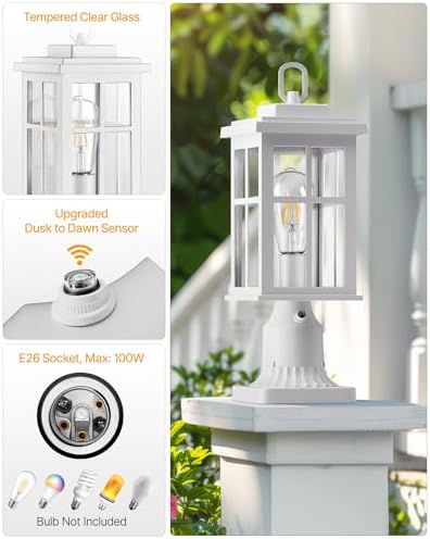 Dusk to Dawn Outdoor Post Lights, White Post Lights Outdoor with Pier Mount Base, Waterproof Lamp Posts Outdoor Lighting with Tempered Glass for Garden, Porch(Hardwired 120V, Not Solar)