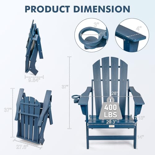 Oversized Folding HDPE Adirondack Chair, Gun-Leg Stable Frame 400 LBS