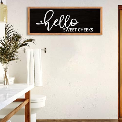 AuraPeak Hello Sweet Cheeks Bathroom Wall Decor, Wood Black, 40"×15"