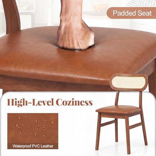 GOFLAME Wooden Dining Chairs Set of 4, Mid-Century Modern Kitchen Chairs with Upholstered Seat & Rattan Backrest, Faux Leather Cover, Armless Side Chairs for Kitchen, Dining Room, Restaurant, Espresso