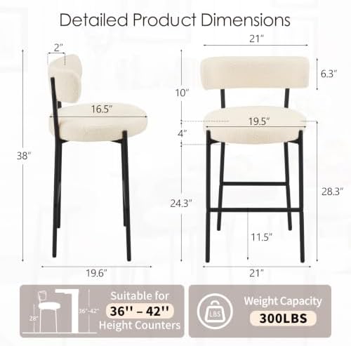 Furniliving 28'' Bar Stools Set of 2, Modern Boucle Counter Height Bar Stools with Ergonomic Curved Back, Upholstered Kitchen Stools, Barstools for Kitchen Island, Bar, Cafe, White