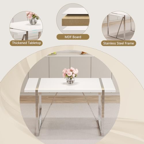 55‘’ White Dining Table Set for 6, Dining Tabletop and Silver Metal Frame, Rectangle Dining Room Table with 6 White Upholstered Dining Chairs. ModernDinner table Set for Kitchen and Dining Room.