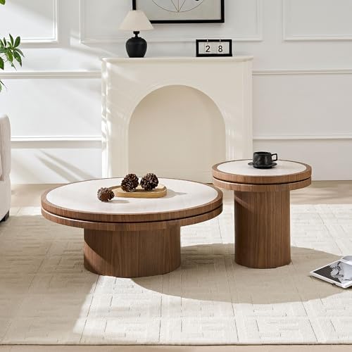 Sintered Stone Coffee Table Set of 2, 2 Piece Coffee Table and End Table Set with Sintered Stone Top, Modern Center Circle Side Tables for Living Room Bedroom, Walnut
