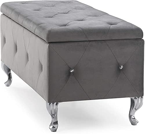 AC Pacific Glam 38 Inches Storage Ottoman Bench for Entryway, Hallway, Living Room, and Bedroom, Upholstered Tufted Faux Leather Ottoman with Storage, Foot Rest and Organizer, Fossil Gray