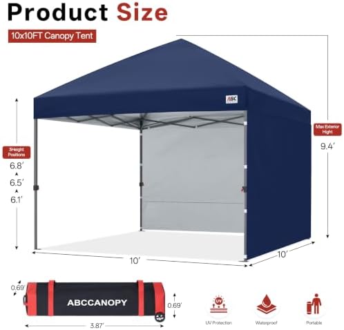 ABCCANOPY Easy Pop up Canopy Tent with 2 Sidewalls for Outdoor Sun Blocking or Rain Protection,10x10, Navy Blue
